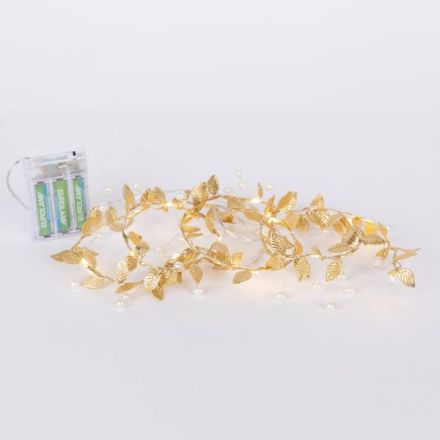 ΣΕΙΡΑ, 15 MINI LED, ΔΙΑΚΟΣΜΗΤΙΚΑ ΦΥΛΛΑ & ΠΕΡΛΕΣ, ΜΠΑΤΑΡΙΑΣ 3xΑΑ, ΧΡΟΝΟΔΙΑΚΟΠΤΗ, ΑΣΗΜΙ ΧΑΛΚΙΝΟ ΚΑΛΩΔΙΟ, ΘΕΡΜΟ ΛΕΥΚΟ LED ΑΝΑ 10cm, ΠΡΟΕΚΤΑΣΗ ΠΑΡΟΧΗΣ 30cm, IP20